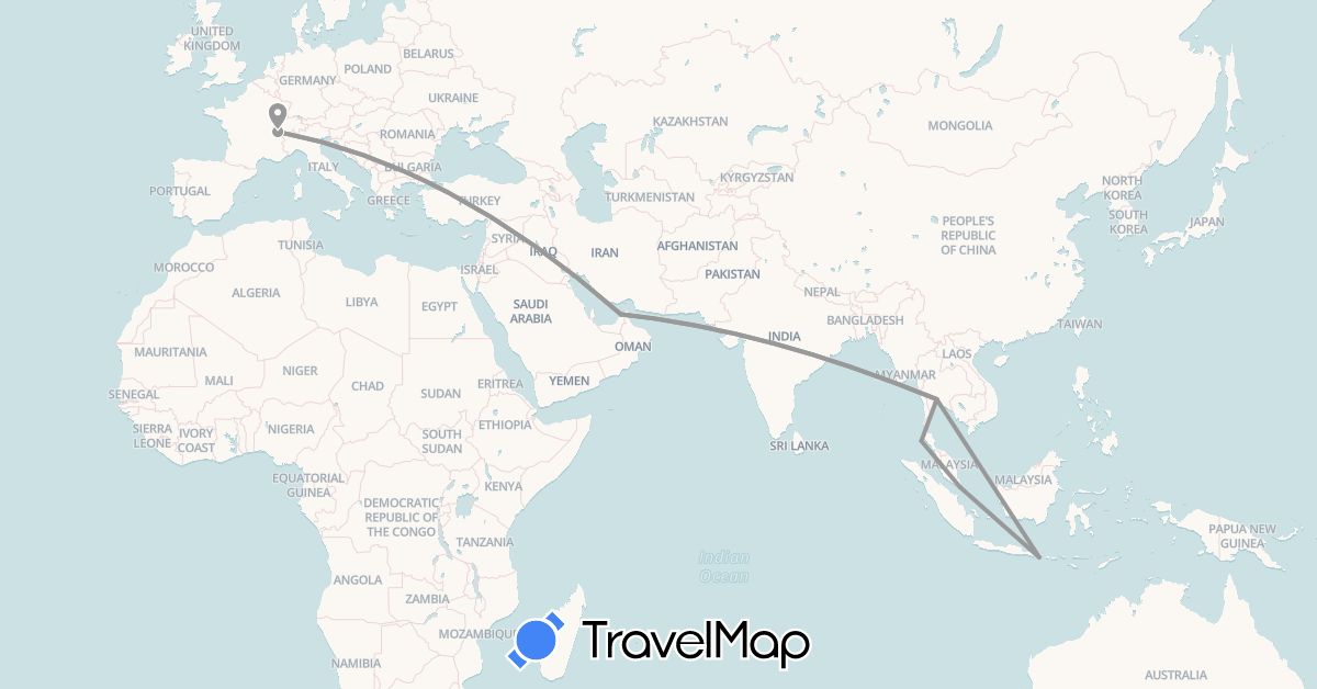 TravelMap itinerary: driving, plane in United Arab Emirates, Switzerland, Indonesia, Singapore, Thailand (Asia, Europe)